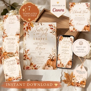 Falling in Love baby shower bundle, fall theme, Canva editable invite set