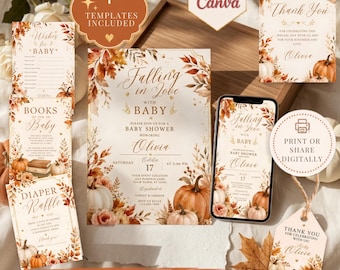 Falling in Love baby shower bundle, fall theme, Canva editable invite set