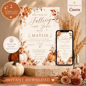 Puede incluir: Una plantilla de invitación de cumpleaños con hojas de otoño, calabazas y flores con el texto One Year of Falling in Love with Maylie. El diseño incluye marcadores de posición para detalles del evento, fecha, hora y ubicación, en una tarjeta y un smartphone.