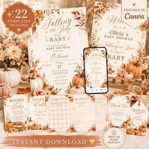 Puede incluir: Una colección de plantillas para baby shower con ilustraciones otoñales de calabazas y follaje. El set incluye invitaciones, tarjetas de juegos y etiquetas de agradecimiento con el texto Falling in Love with Baby.