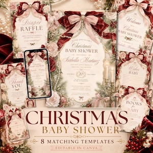 Puede incluir: Un conjunto de ocho plantillas para baby shower navideño sobre fondo crema con lazos de terciopelo rojo oscuro, hileras de perlas, ramas de pino y rosas. El texto incluye Diaper Raffle, Welcome to a Christmas Baby Shower y Wishes for Baby.