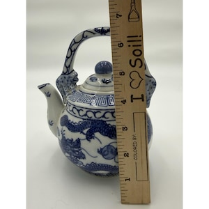 Blue White Dragon Glazed Porcelain Teapot Round Tea Pot w/ Overhead Handle 6 in