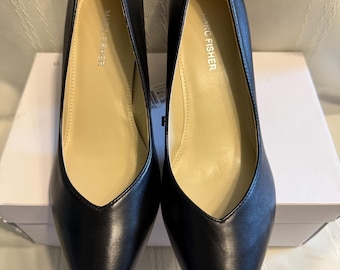 Marc Fisher Block Heel Pump Black Pointed Toe Slip On Leather Women's US9