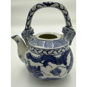 Blue White Dragon Glazed Porcelain Teapot Round Tea Pot w/ Overhead Handle 6 in