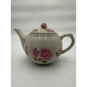 Vtg Gibson Roseland Teapot Round Cabbage Roses Pink Ceramic Tea Pot White Perky