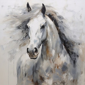 Arte en lienzo de caballo gris en movimiento, pintura de caballo, arte de caballo, pintura de caballo, impresión de pintura de caballo impresionista, arte en lienzo de caballo rústico