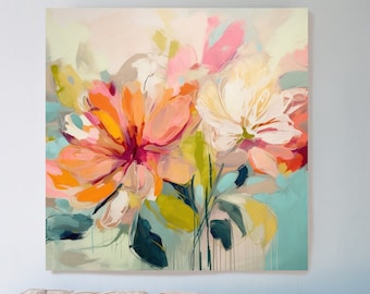 Artistic Muted Blooms Canvas Print | Abstract Floral Canvas | Muted Pink Blue Wall Decor | Contemporary Artwork | Floral Canvas Print