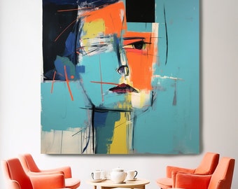 Abstract Cubist Portrait, Human Faces Collection - HFC 15, Picasso Inspired Cubist Portrait Primitive Painting Canvas Print Gift for Him Her