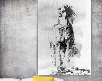 Wild Running Horse 3. Extra Large Horse Wall Decor, Black White Horse Painting, Large Contemporary Canvas Art Print up to 72" by Irena Orlov