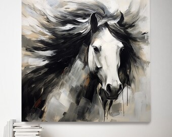 Zwart paard getextureerde portret schilderij, paard kunst canvas, paard schilderij, impressionistische paard schilderij print, rustieke paard canvas Art Print