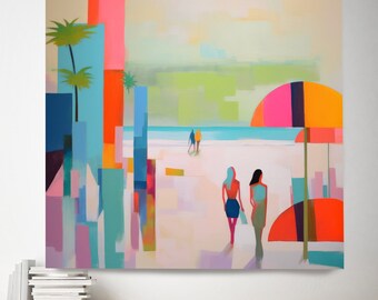 Romantic Beach Days Wall Art 2 Painting Print, Coastal Canvas Print, Midcentury Coastal At print on Canvas, Color Block Abstract Coastal Art