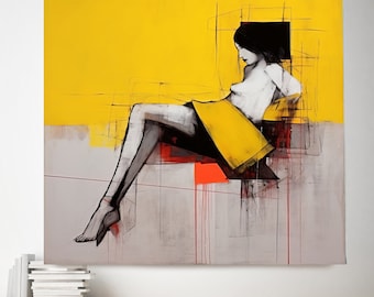 Woman in Yellow and Black 3, Abstract Figurative Nude Painting 1, Modern Figurative Woman Canvas Art, Abstract Contemporary Wall Art Yellow