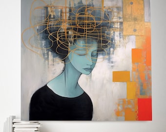 Op de afbeelding: Abstract schilderij van een vrouw met gesloten ogen, die een zwart shirt draagt, met een achtergrond van geometrische vormen in tinten geel, oranje en rood.