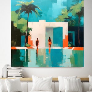 Día relajante en la piscina 4, Pool Art, Mid Century Modern, Mid Century House, Palm Spring Decor, Piscina Lienzo