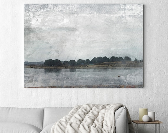 Mysterious foggy morning in the lake, Beach Decor, Coastal Wall Canvas Art, Grey Black & White, Sea Canvas Print 80" by Irena Orlov