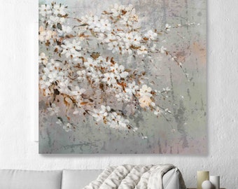 Branches of Cherry Blossoms at Spring. Shabby Chic Rustic Floral Painting, White Gray Rustic Large Floral Canvas Art Print, Vintage Floral