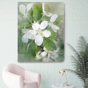 Blooming White Flowers, White Flower Print Shabby Chic Wall Decor, Cottage Style Floral Art Blooming Flowers, Watercolor Flower Canvas Print