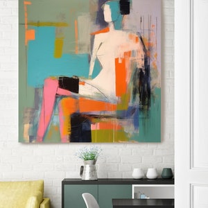 May include: Abstract painting of a nude figure sitting on a chair with a colorful background. The painting is done in a modern style with bold colors and geometric shapes.