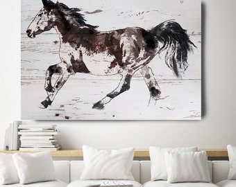 Horse Painting Brown White Minimalist Horse Wall Art, Jumping Brown Horse, Horse Painting, Horse Race, Horse Canvas Print, Farmhouse Art