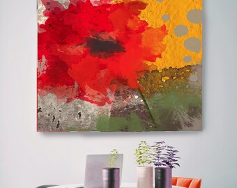 Exclusive. Rustic Red Green Yellow Floral Canvas Art Print, Red Green Yellow Rustic Modern Huge Canvas Art Print up to 48" by Irena Orlov