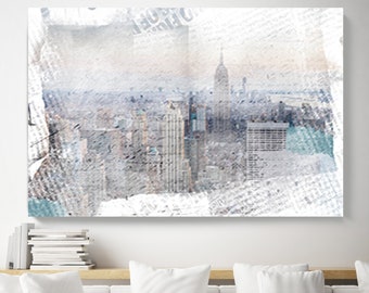 New York City Skyline NYC, Cityscape Painting, Blue Large Abstract Urban Painting Canvas Print, Urban New York, Office Art