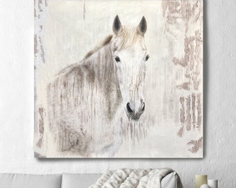 White Beauty Rustic Horse Oil Painting on Canvas, Equestrian 58 WX58" H, Heavy Textured Horse Painting on Canvas, Equestrian Horse Portrait