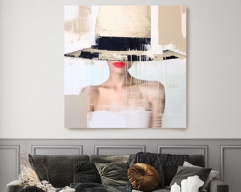 Woman with red lipstick 2., Portrait Abstract Art, Woman in large hat Painting Expressive Portrait Abstract Canvas Print