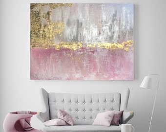 Golden Pink Abstract Painting Blush Modern Art Abstract Painting Extra Large Gold Silver Painting Extra Large Abstract Canvas Print