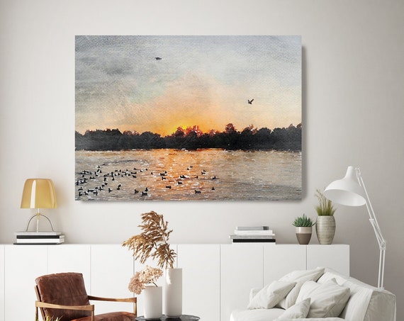 Sunset seascape art, coastal watercolor landscape painting Watercolor Canvas Art Print Sunset painting on canvas, Silence of the Nature 2