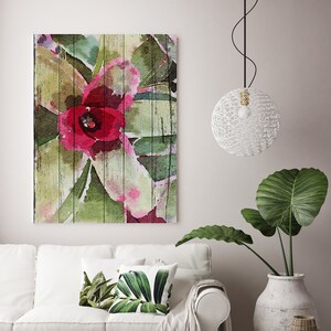 Red Green Exotic Plant on Wood Plank Canvas Wall Art, Large Rustic Canvas Succulent Print, Home Decor Succulent Art by Irena Orlov