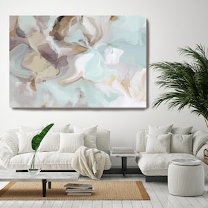 Teal Brown Abstract Flow Wall Art Decor Teal Abstracte Kunst, Grote Wall Art Teal Abstract Canvas Print, Wandelen stil Wall Art voor Thuis