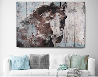 Wild Blue Horse Extra Large Horse Wall Decor, Brown Rustic Horse Large Horse Portrait Canvas Art Print Abstract Horse, Equine Art, Horse