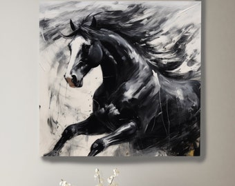 Black Horse in Motion canvas kunst, paard schilderij, paard kunst, paard schilderij, impressionistische paard schilderij print, rustieke paard canvas kunst