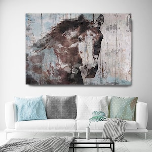 Wild Blue Horse Extra Large Horse Wall Decor, Brown Rustic Horse Large Horse Portrait Canvas Art Print Abstract Horse, Equine Art, Horse 画像 1