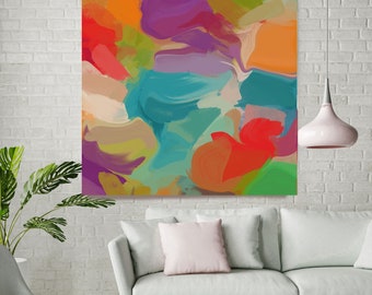 Joyful Flow 1, Rot Blau Lila Orange Blur Abstrakte Malerei, Rot Blau Lila Orange Blur Leinwand Kunstdruck von Irena Orlov