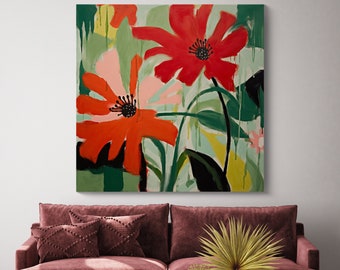 Scarlet Floral Impressions Canvas Print | Abstrakte Blumen Leinwand | Gedämpftes rosa blaues Wanddekor | Zeitgenössische Kunst | Floraler Leinwanddruck