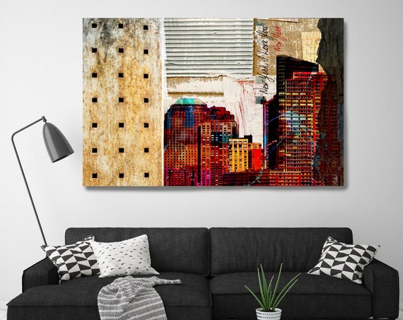 I Love you New York-3, Extra Large Red Rustic Architectural Cityscape Canvas Art Print. URBAN Canvas Art Print up to 72" by Irena Orlov