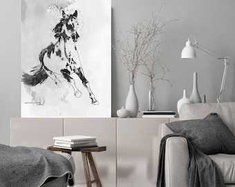 Wild Running Horse. Black White Horse Painting, Black Contemporary Horse, Minimalist Horse Painting, Horse Canvas Art Print Horse Wall Decor