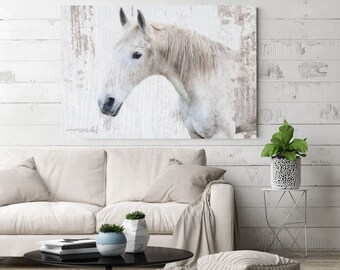 White Rustic Farmhouse Horse Photographic Print. Extra Large Horse, White Grey Rustic Horse, Large Canvas Art Print up to 72" by Irena Orlov