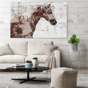 May include: A watercolor painting of a brown and white horse with a white background. The horse is looking to the left of the image.