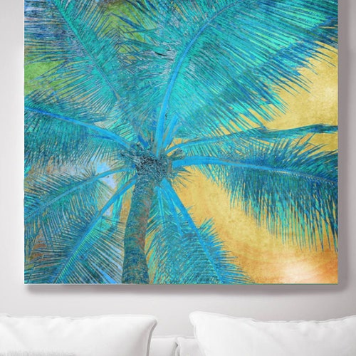 Palm Tree Sunset. shops Huge Rustic Landscape Painting Canvas Art Print, Extra Large Blue Yellow Canvas Art Print up to 50