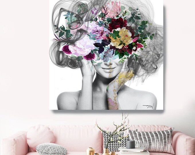 Woman Floral Portrait Pink Gold Flower Head Woman Canvas - Etsy