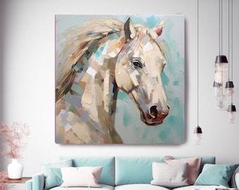 May include: A painting of a white horse's head with a blue and green background. The horse's mane is flowing in the wind. The painting is done in a painterly style with visible brushstrokes.