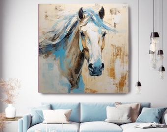 May include: A painting of a white horse with a blue mane and a light brown body. The horse is looking directly at the viewer. The background is a light beige with hints of gold and blue.