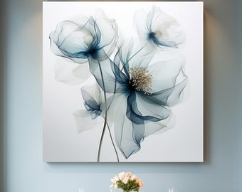 Translucent Blue Poppy Flowers 21, Blue Transparent Flower Canvas Print, Abstract Minimalist Flowers, X-ray Flowers, Floral Botanical Art