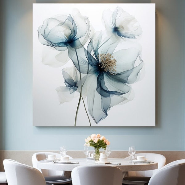 Translucent Blue Poppy Flowers 21, Blue Transparent Flower Canvas Print, Abstract Minimalist Flowers, X-ray Flowers, Floral Botanical Art