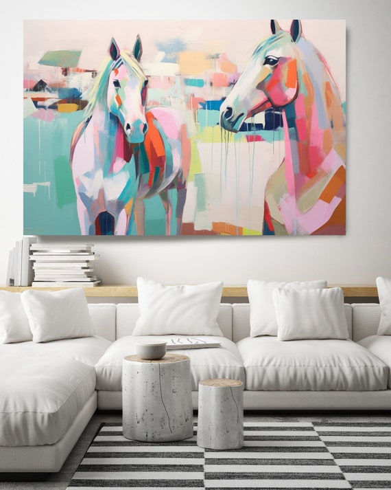 Color Block Horse Couple Abstract Horse BOHO, Color Block Canvas Horse Print