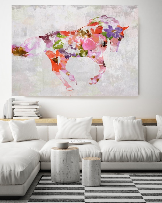 BOHO Horse. Floral Horse Art Large Canvas, BOHEMIAN PAINTING Multi Color Painted Horse Boho Wall Art,  Floral Horse Canvas Print Watercolor