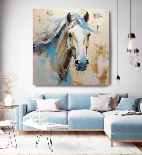 Sunny Beige Blue Horse Contemporary Textured Horse Art Abstract Horse Paintings On Canvas Modern Equestrian Wall Art Canvas Print