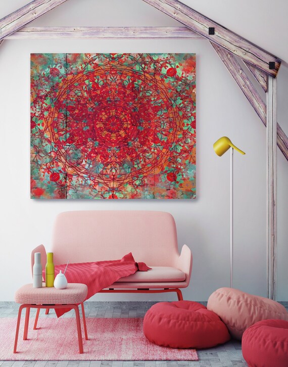 Red Green Moroccan pattern I. Geometrical Red Abstract Art, Wall Decor, Large Abstract Colorful Canvas Art Print up to 48" by Irena Orlov